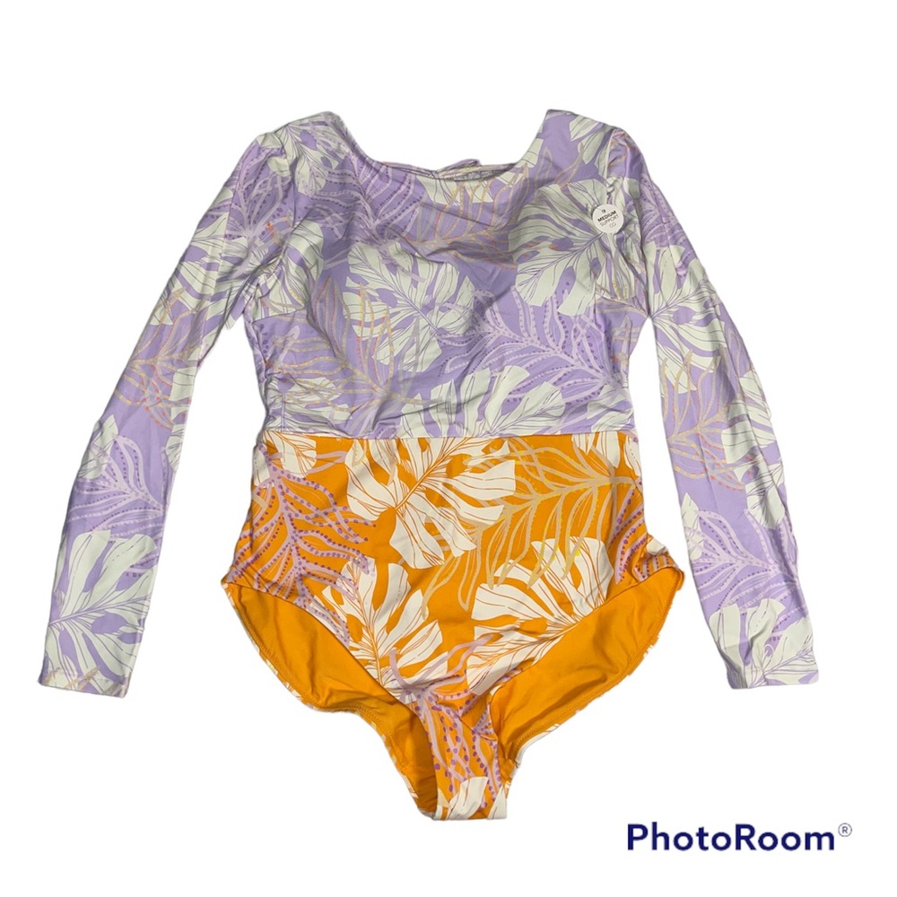 CALIA by Carrie Underwood Long-Sleeve One-Piece Swimsuit in Lavender & Orange